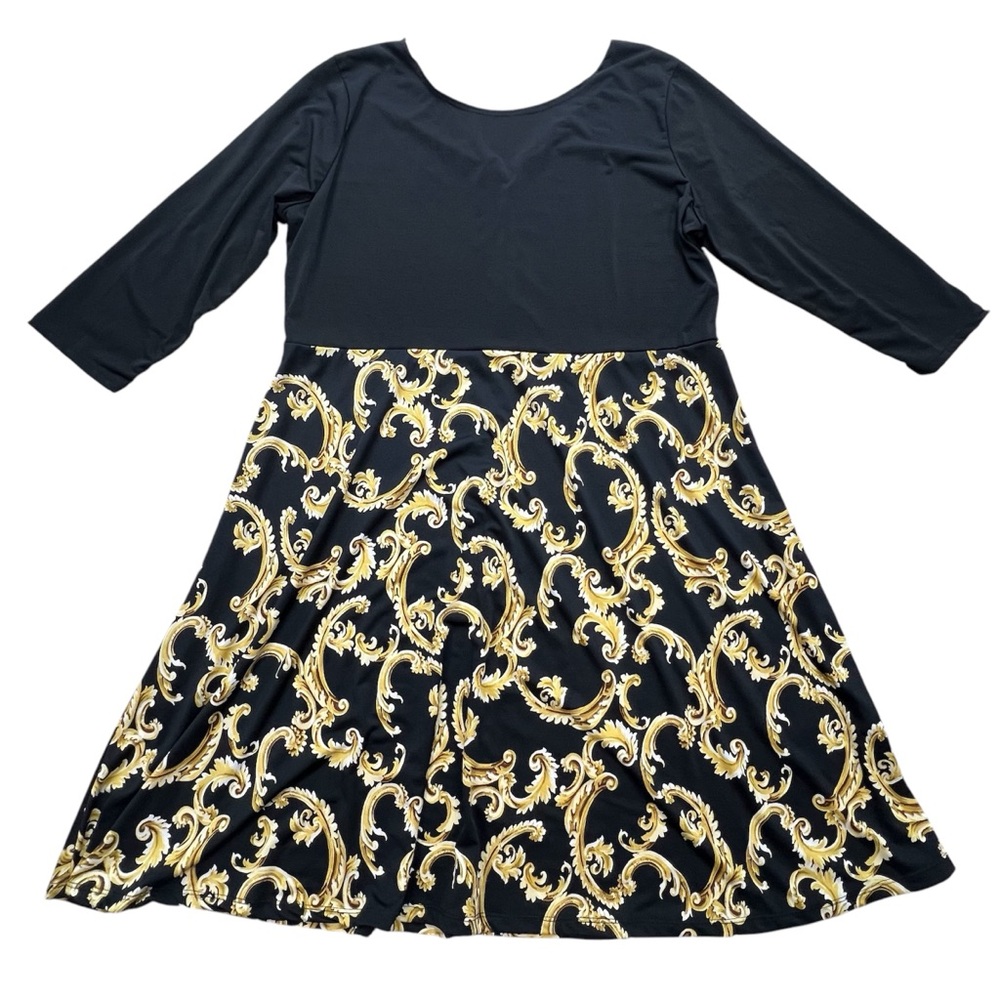 Bella Flore Black & Gold Baroque 3/4 Sleeve Fit & Flare Dress - 2X Fairy Glam